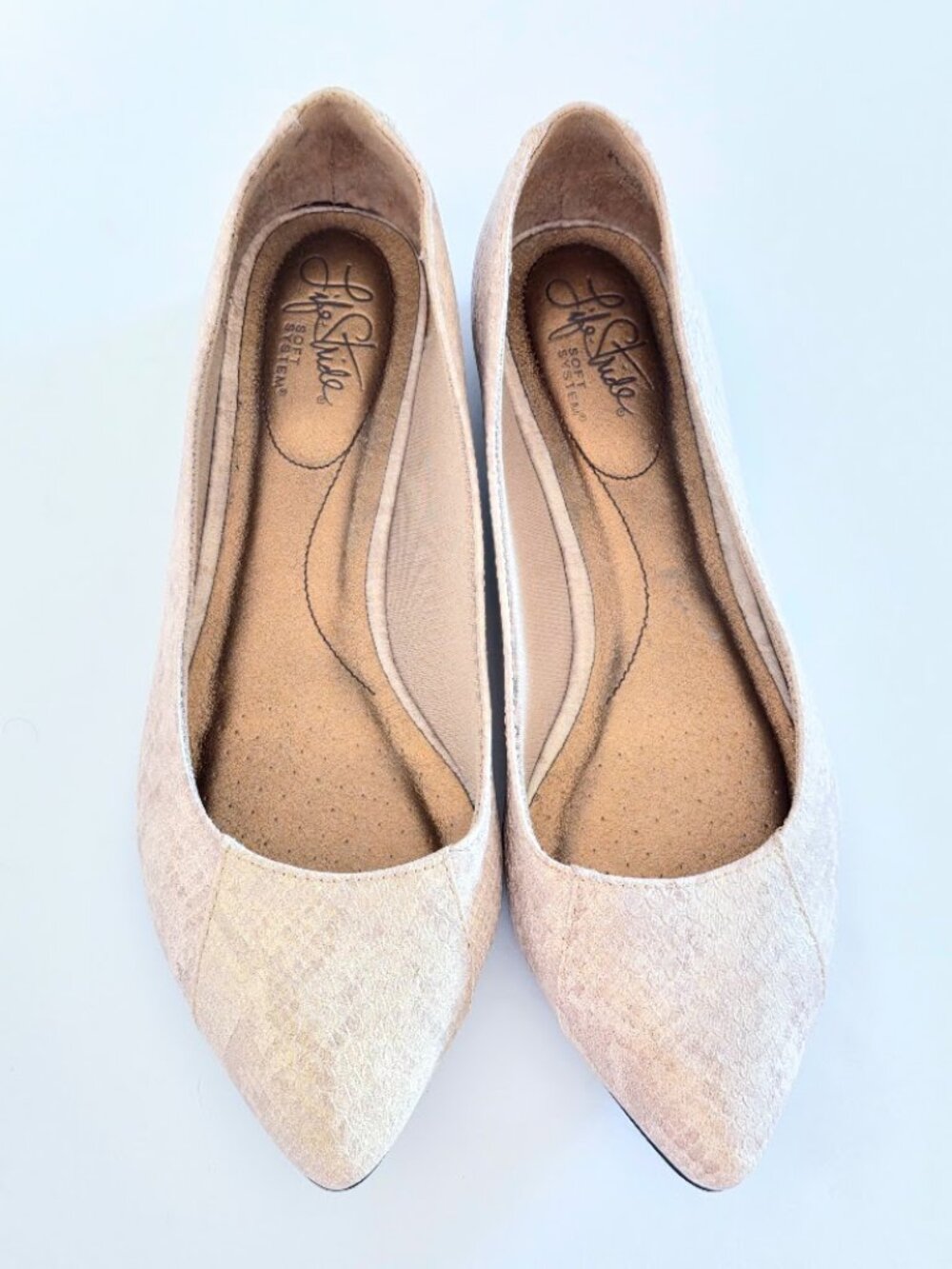 LifeStride Promise Pointed Toe Ballet Flats Platino Gold Metallic Shimmer 8.5